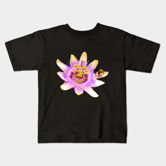 Bee themed gifts for women, men and kids. Blue crown Passion flower with bumble bee - save the bees Kids T-Shirt by Artonmytee